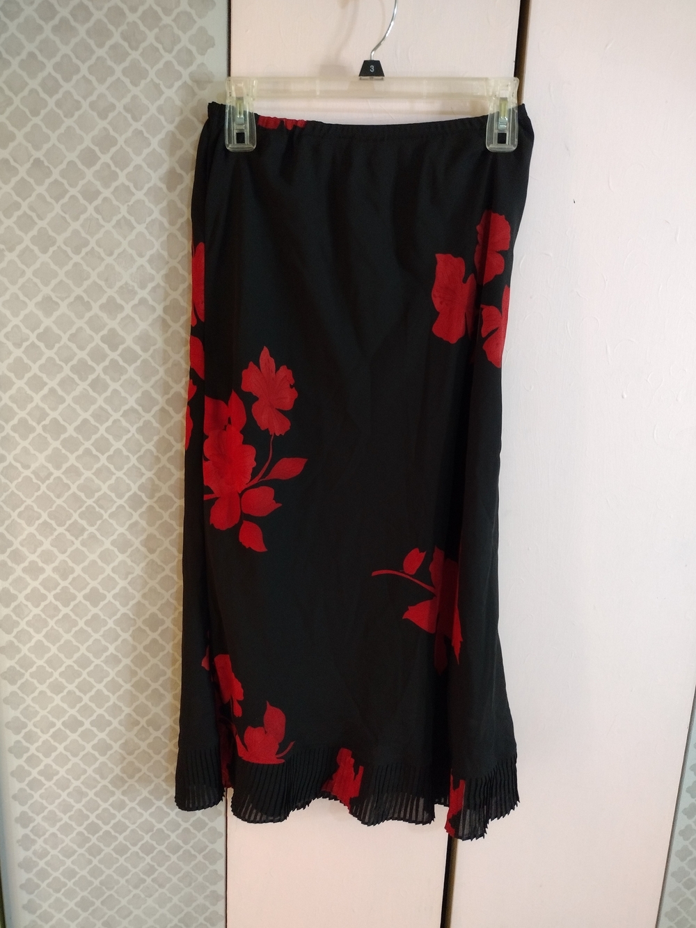Black Floral Midi Skirt with Red Print